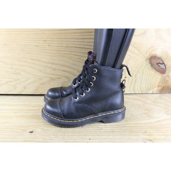 Doc Dr Martens Boots Womens 6 Black Leather Amilita Combat Plaid Trim Ankle - Picture 1 of 8